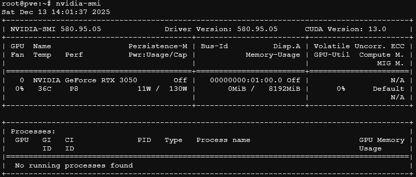 Screenshot of my nvidia-smi output on the Proxmox host