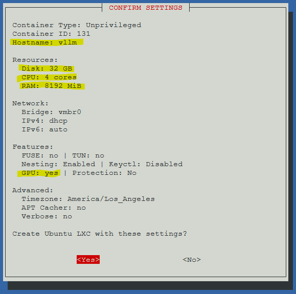 Confirmation screen with selected options